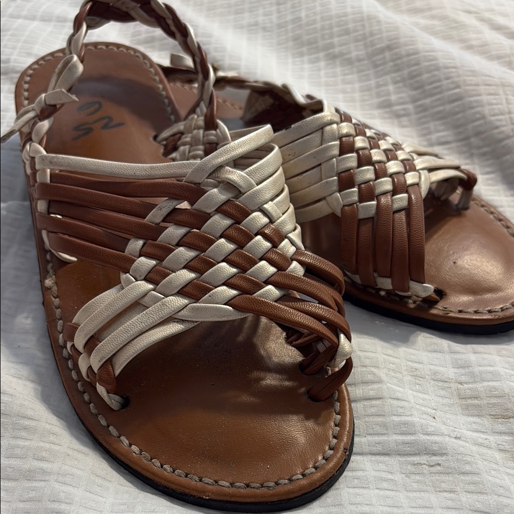 Brown & Cream Woven Leather Women’s Mexican  Slide Sandals